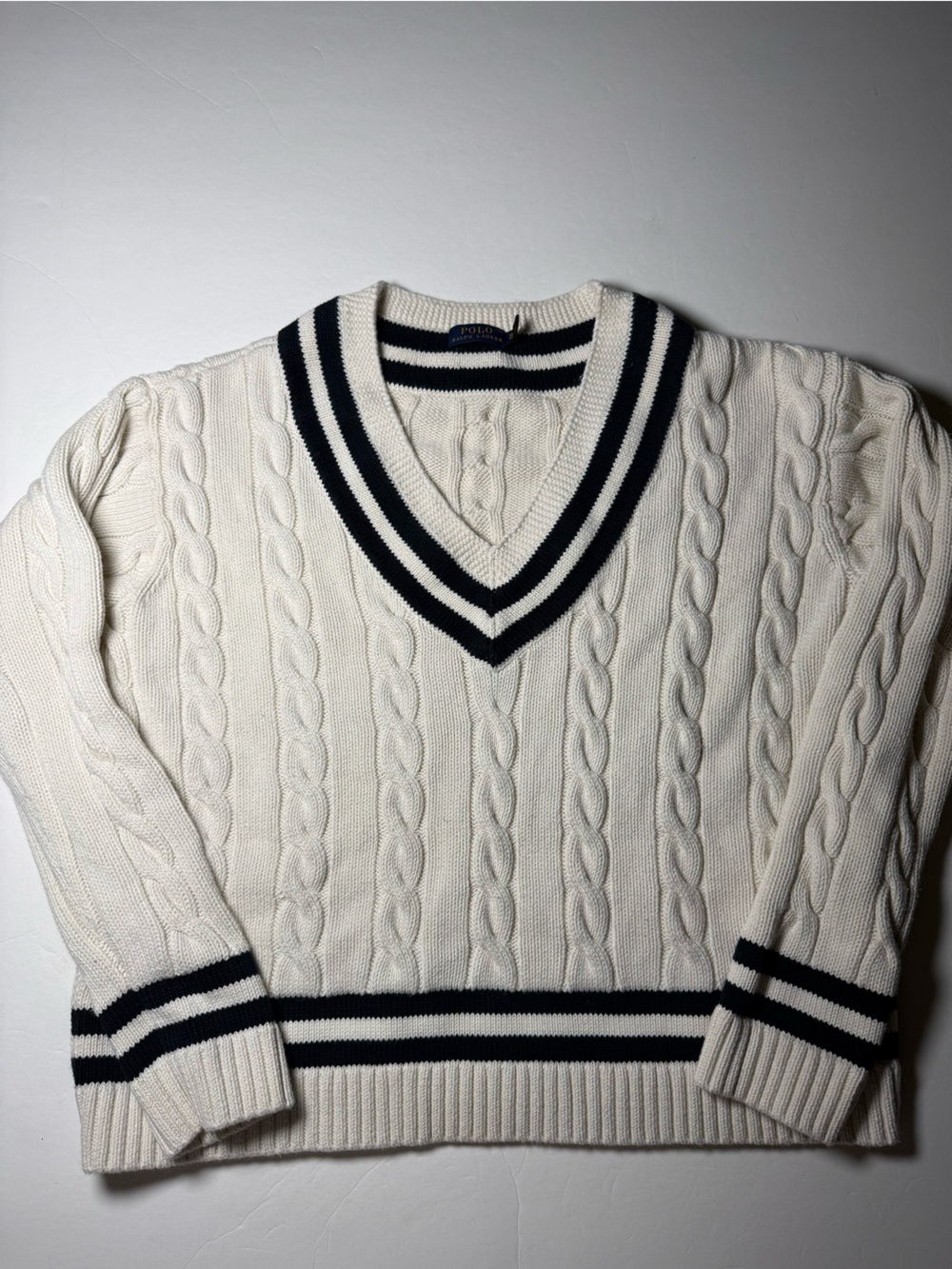 Polo Ralph Lauren Cable Knit V-Neck Sweater Cream Navy Stripe XL